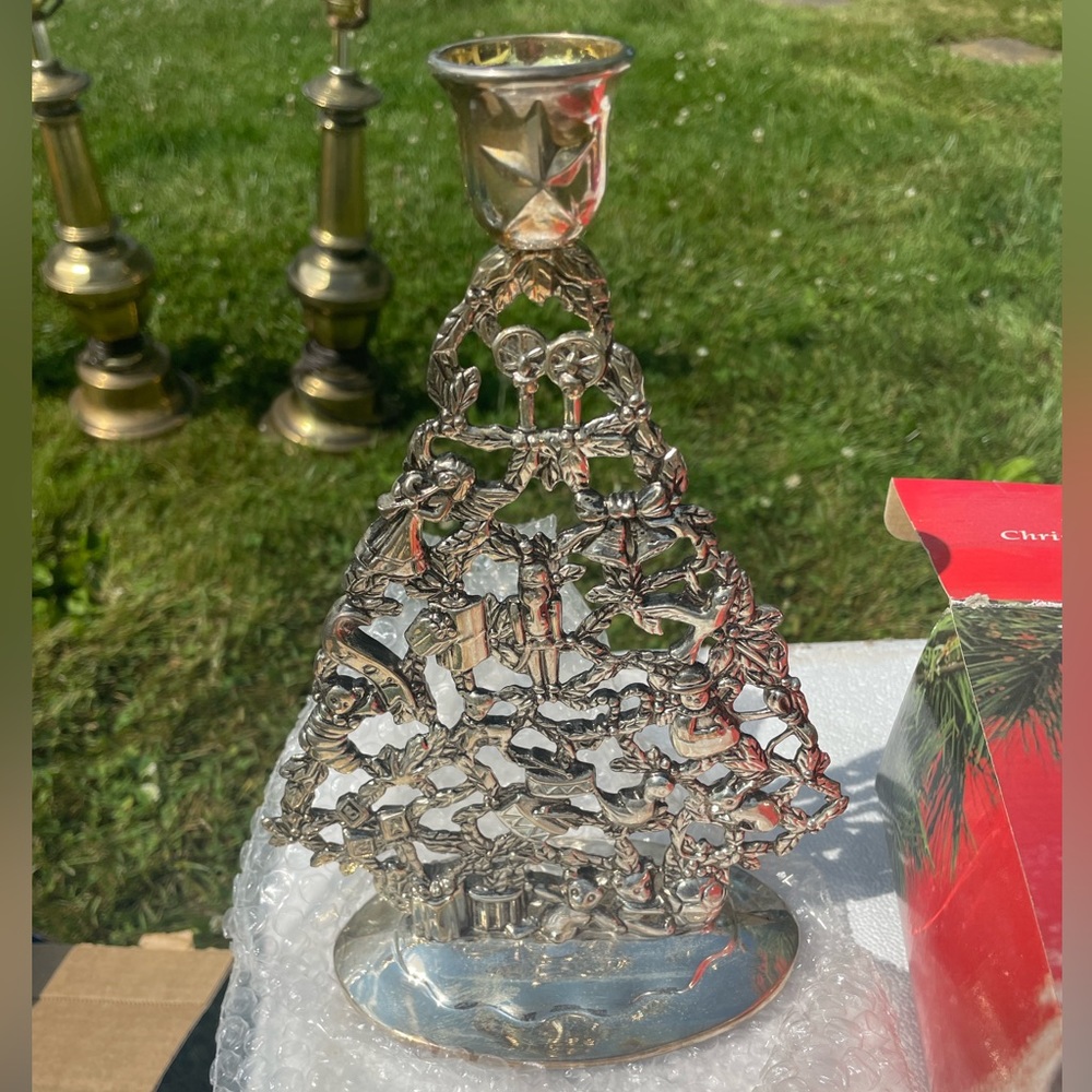 VINTAGE GODINGER SILVER ART CO. CHRISTMAS TREE CANDLE HOLDER Beautiful DetailNIB - Picture 2 of 5